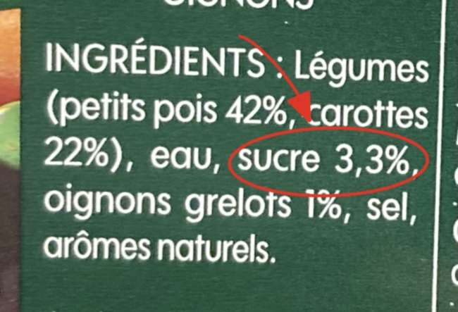 Liste ingrédients petits pois carottes avec sucre 